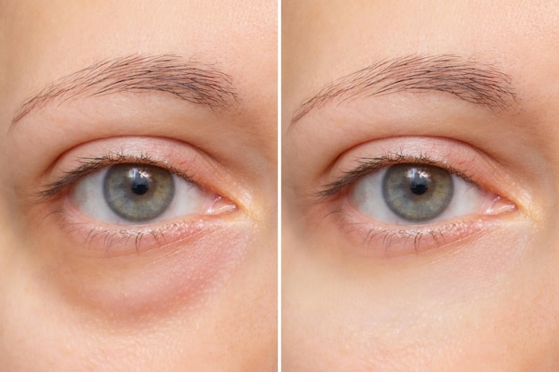 Closeup of the face of a young woman with a bag under her eye before and after treatment