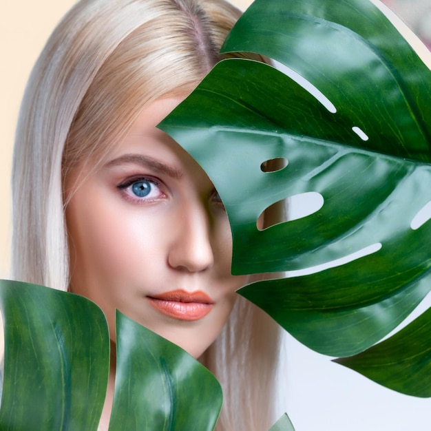 Closeup facial portrait personable woman holding green monstera