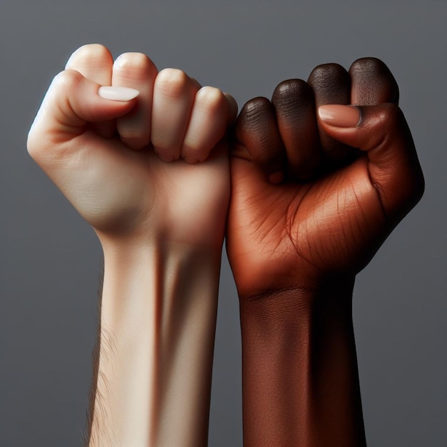 Photo closeup of fair and dark skinned womens hand flexing their fist against grey backdrop