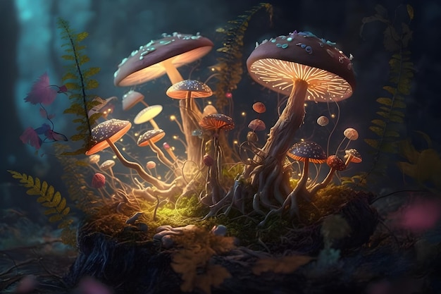 Closeup fairy glowing mushrooms in the magical forest Fairytale background Generated AI