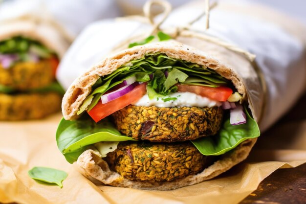 Foto primo piano del panino al falafel in carta pergamena