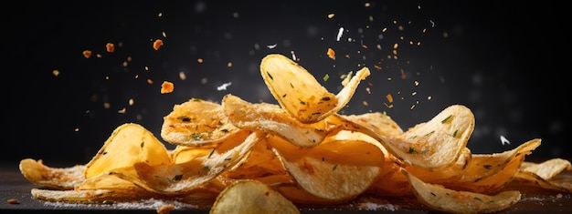 Foto close-up di patatine che cadono, ciascuna con una forma unica contro uno sfondo scuro contrastante, visualizzazione allettante di patate dorate croccanti che cadono ai generative