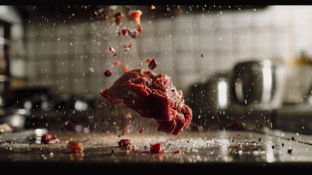 부에서 떨어지는 맛있는 고기 스테이크의 클로즈업 슈퍼 슬로 모션 카메라 움직임은 초고속 영화 카메라에서 1000fps로 촬영되었습니다.