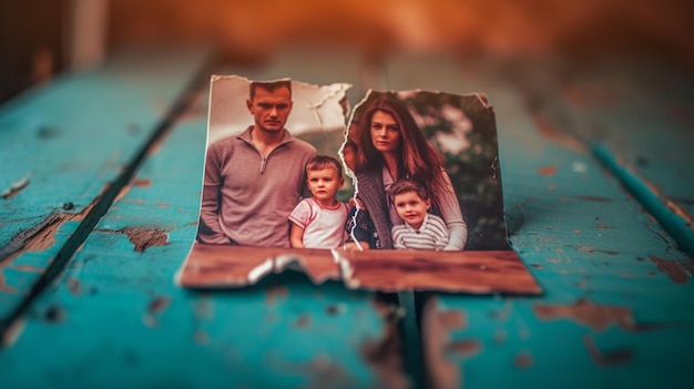 A closeup of a family photo that has been physically torn in half representing the division and emotional impact of divorce Divorce and Separation concept