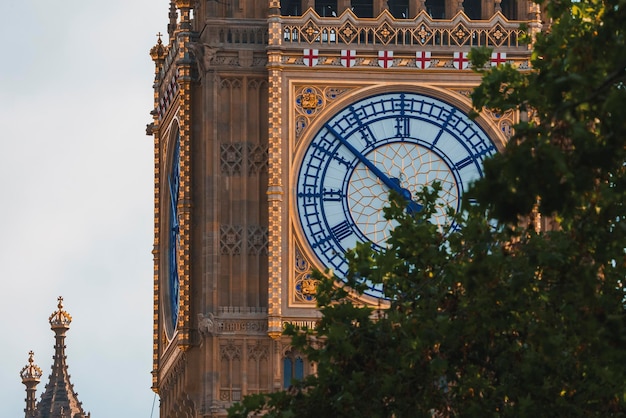 Closeup of famous big ben at westminster with cloudy sky in background