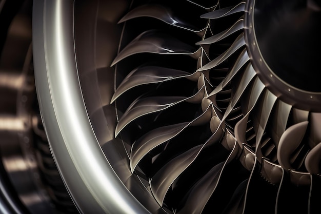 Closeup of fan blade of steel aircraft engine turbine Generative AI