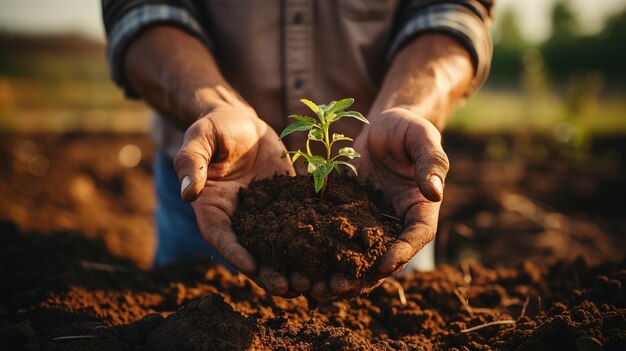 Closeup of Farmer holding fertilizer soil in the agricultural field Fertilizer soil that is suitabl