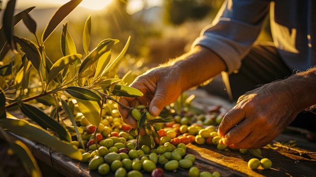 Closeup of farmer's hands sorting fresh olives before preparing olive oil harvest