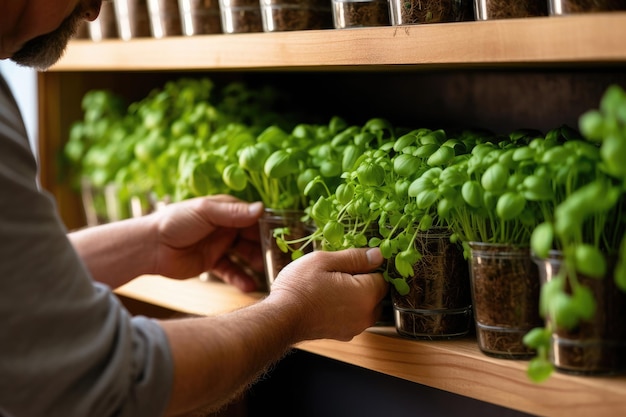 Closeup of a farmer taking a pot with microgreens from the shelf Generative AI