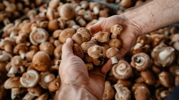 Closeup of a farmers hands holding fresh mushrooms Generated by artificial intelligence