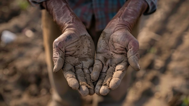 Photo closeup of a farmers rough and calloused hands an indication of the struggles faced during prolonged