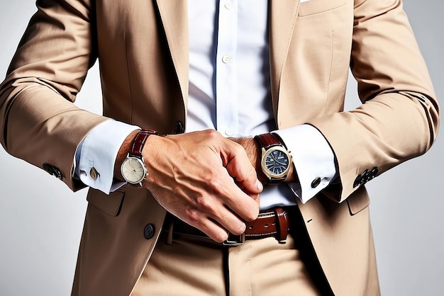 Photo closeup fashion image of luxury brown watch on wrist of manbody detail of a business manmans hand in pants pocket closeup at white background