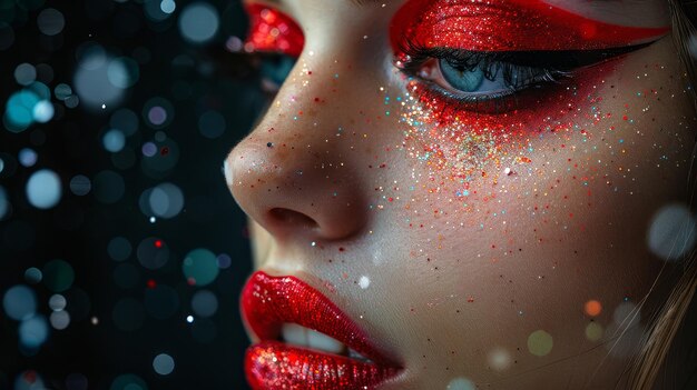 closeup Fashion portraits beautiful woman with art shimmering makeup on her face