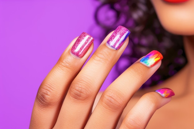 A closeup of fashionable fingernails adorned with vibrant polish and intricate designs showcasing the artistry of a meticulous manicure