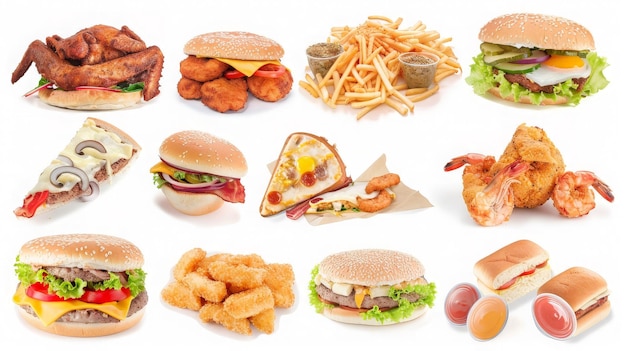 Photo closeup of fast foods all fast food collection set isolated on white background generative ai