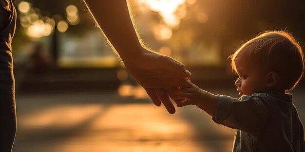 closeup father and little son holding hands in sunlight