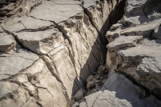 Closeup of a fault line with visible cracks and crevices