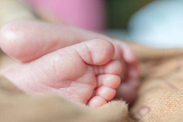 Closeup feet of baby lying on the bed in daylight