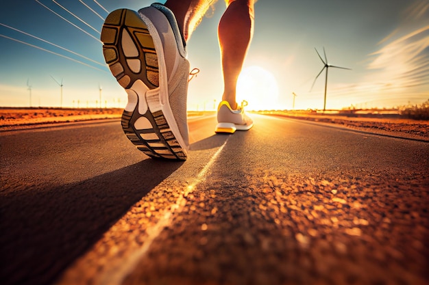 Closeup at the feet of a runner starting to run forward towards a great viewgenerative ai