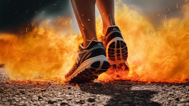 CloseUp of Feet in Running Sneaker Shoes on Fire