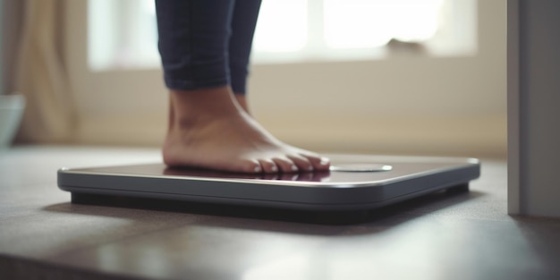 減量の進行状況を追跡する体重計上の足の拡大図