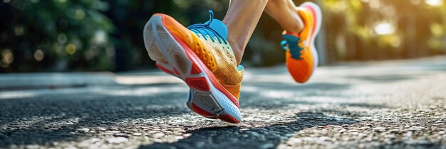 Closeup of feet in sneakers running Low point of view Colorful sparkling tones