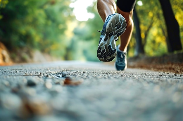 Closeup of feet in sneakers running Low point of view Colorful sparkling tones