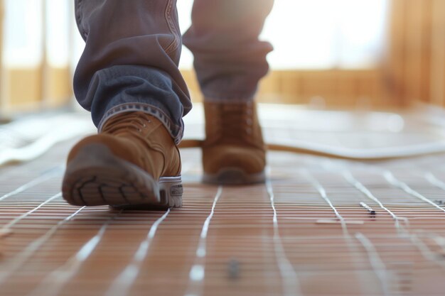 Foto close-up di piedi che camminano su un nuovo impianto di riscaldamento a pavimento