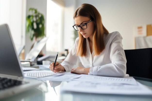 Closeup of female accountant working with documents at table in office