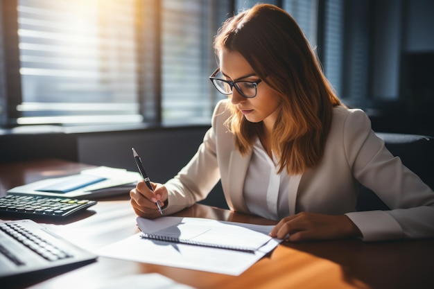 Closeup of female accountant working with documents at table in office