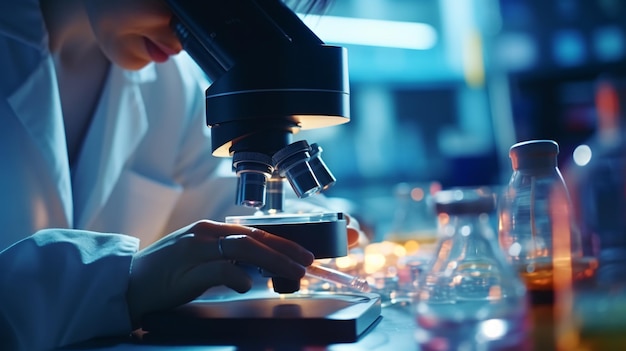 Photo closeup of female doctor analyzing material under