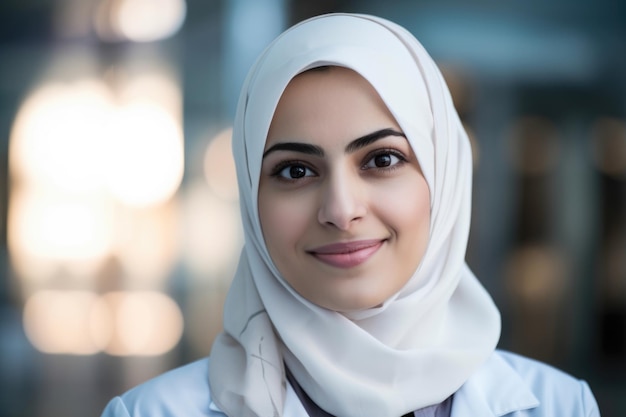 Closeup of a female doctor wearing a hijab and lab coat looking at the camera with a warm