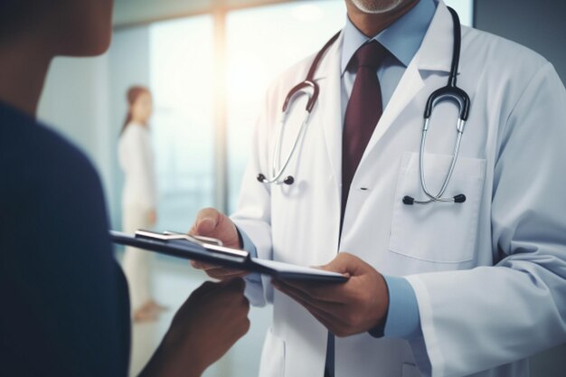 Closeup of female doctor with stethoscope writing on clipboard