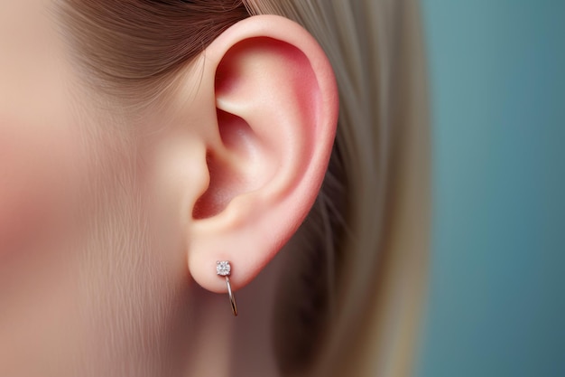 A closeup of a female ear with a dazzling earring highlighting the intricate beauty of the jewelry and the ear's delicate details