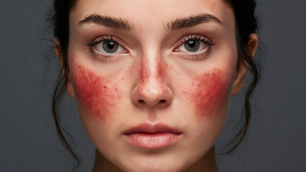 Photo closeup of female face with rubescent cheeks due to blotchiness