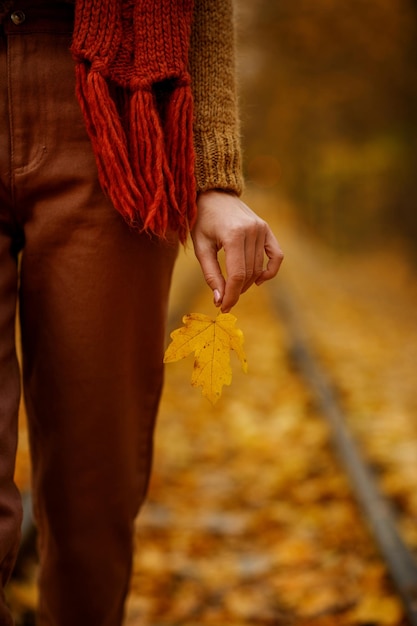 Closeup female hand holding autumn maple leaf. Walk in fall park. Railroad on blurred background