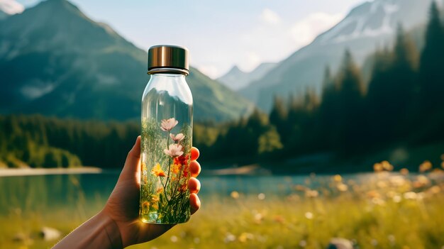 Closeup of female hand holding reusable steel thermo shiny bottle for water on the background