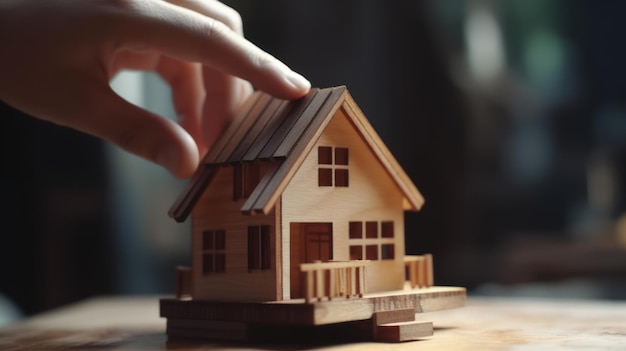 Closeup of female hand holding wooden model of house Real estate concept Generative AI