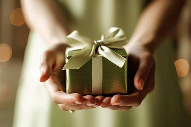 Closeup of female hand presenting a green gift box