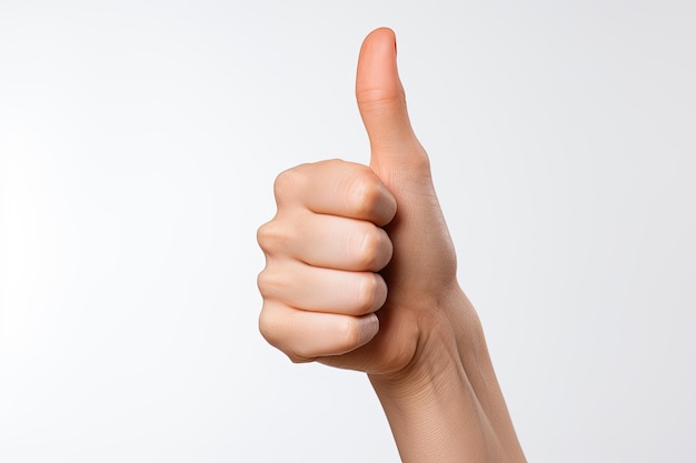 Closeup of female hand showing thumbs up sign against white background