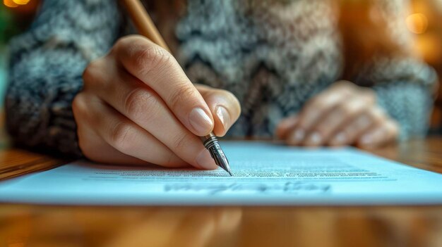 Closeup of a female hand signing a contract with a pen