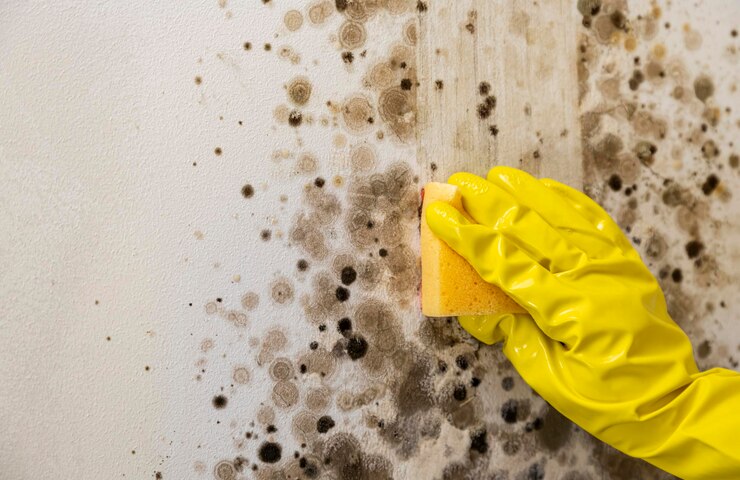Photo closeup of female hand wearing yellow rubber gloves woman cleans mold from wall with antimicrobial spray