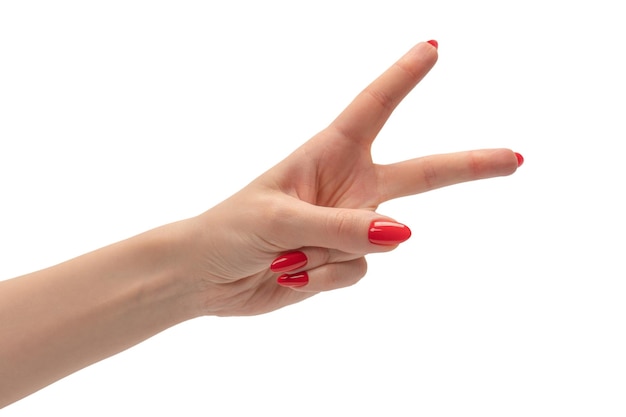 closeup of female hand with pale skin and red nails isolated on a white background two