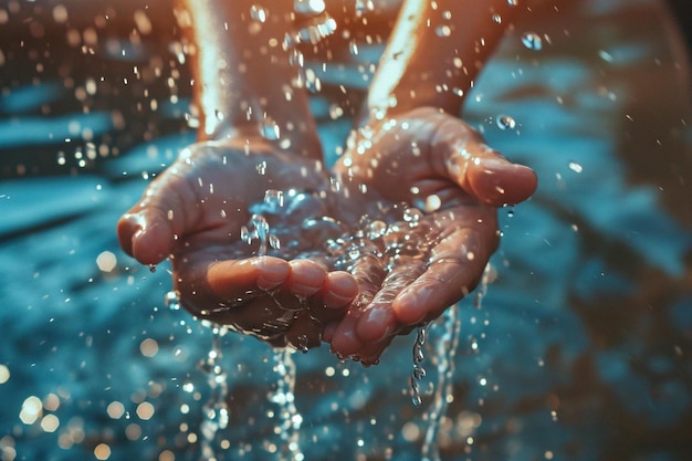 Photo closeup female hands under the falling drops of water