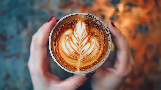 Photo closeup of female hands holding a cup of coffee with beautiful latte art