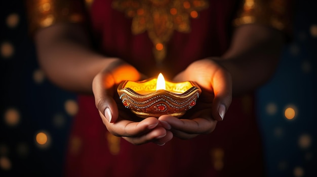 Closeup of female hands holding a lamp to celebrate Diwali festival