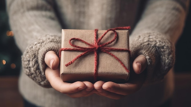 Closeup of female hands holding a small gift surprise gift box