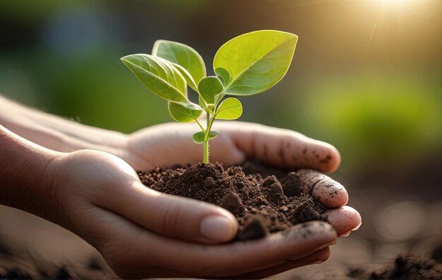 Closeup of female hands holding young plant in soil Earth day concept