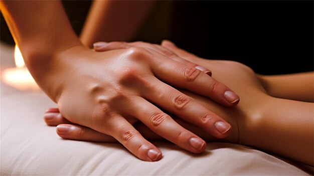 Photo closeup of female hands lying on massage table in spa salon