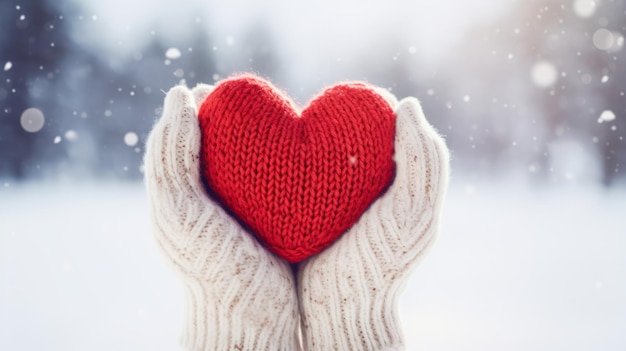 Closeup of female hands in mittens holding a beautiful knitted heart on a snowy winter background